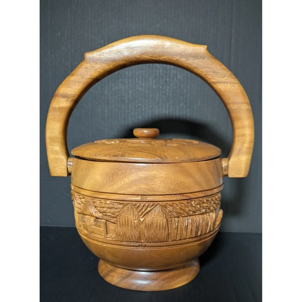 Vintage Hand Carved Teak‎ Wood Bucket With Handle Rural Farming Scene